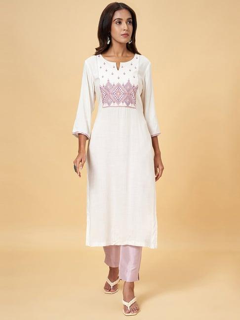 rangmanch by pantaloons white embroidered straight kurta