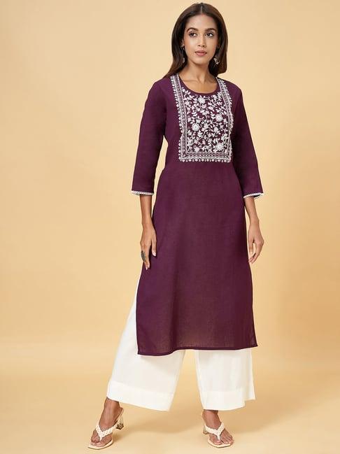 rangmanch by pantaloons wine cotton embroidered straight kurta