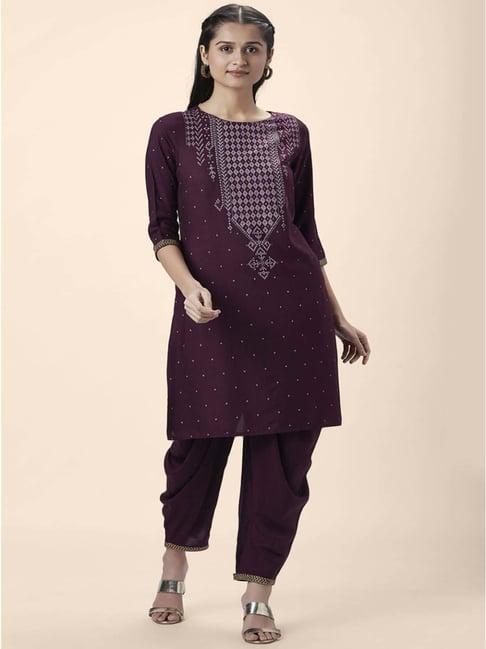 rangmanch by pantaloons wine cotton printed kurta dhoti pant set