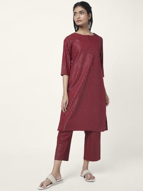 rangmanch by pantaloons wine cotton striped kurta palazzo set