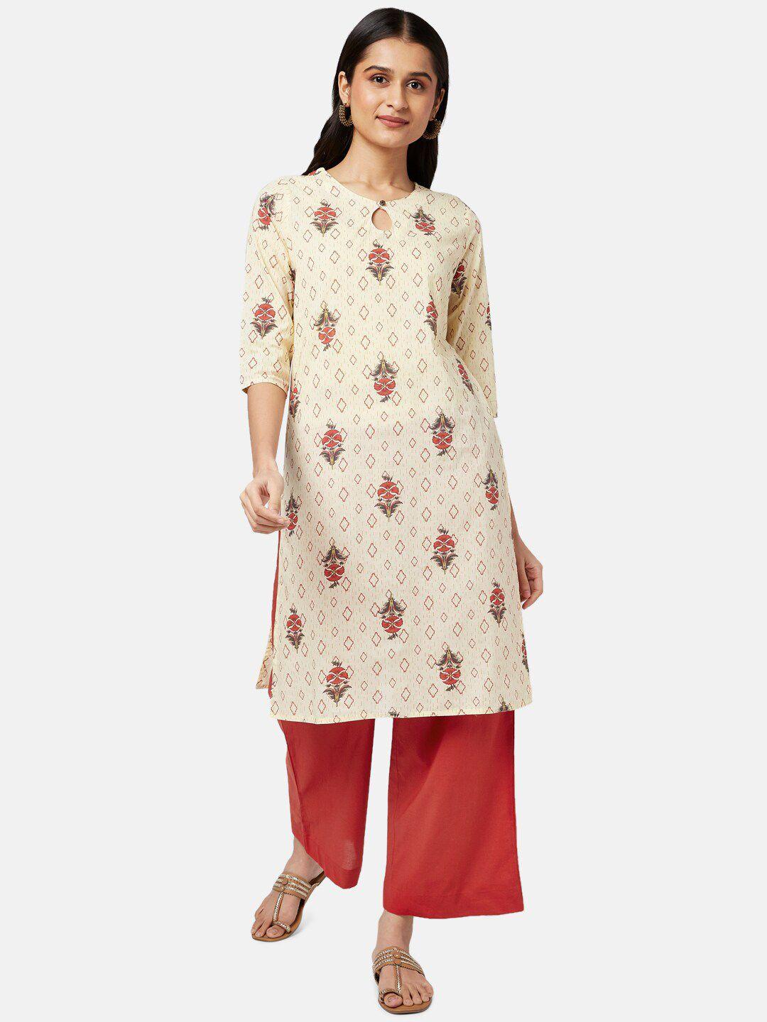 rangmanch by pantaloons women beige & red floral printed pure cotton kurta with trousers