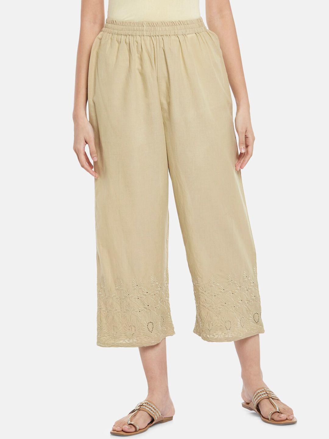 rangmanch by pantaloons women beige embroidered culottes trouser