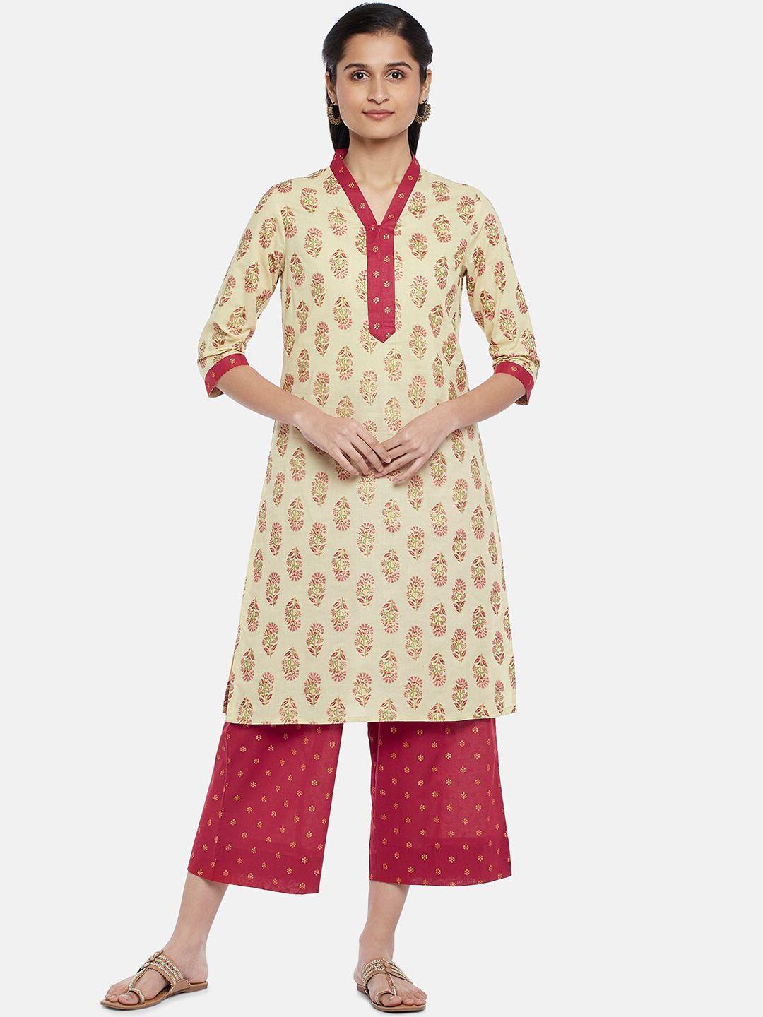 rangmanch by pantaloons women beige ethnic motifs printed pure cotton kurti with palazzos & with dupatta
