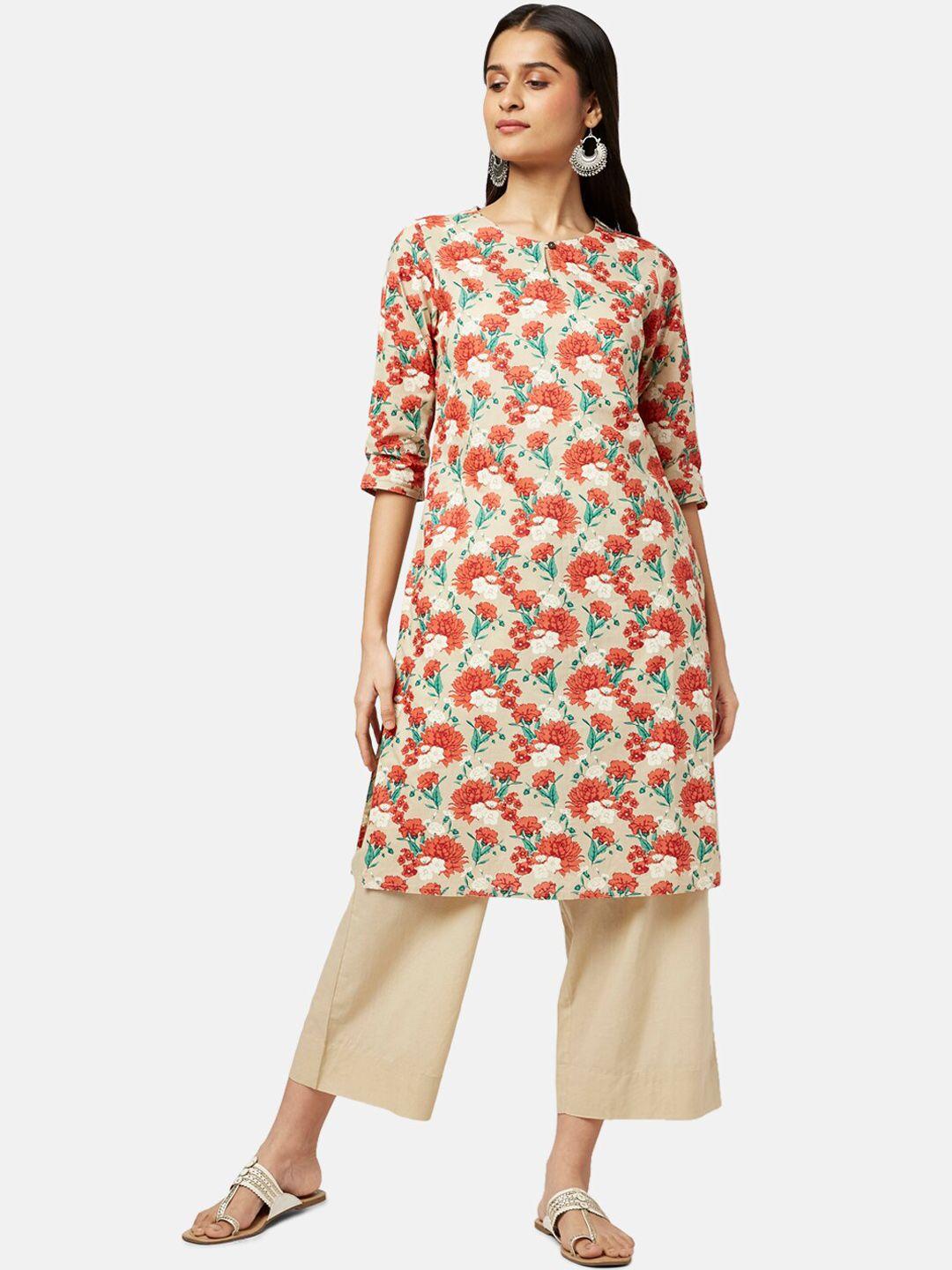 rangmanch by pantaloons women beige floral printed pure cotton kurta with trousers