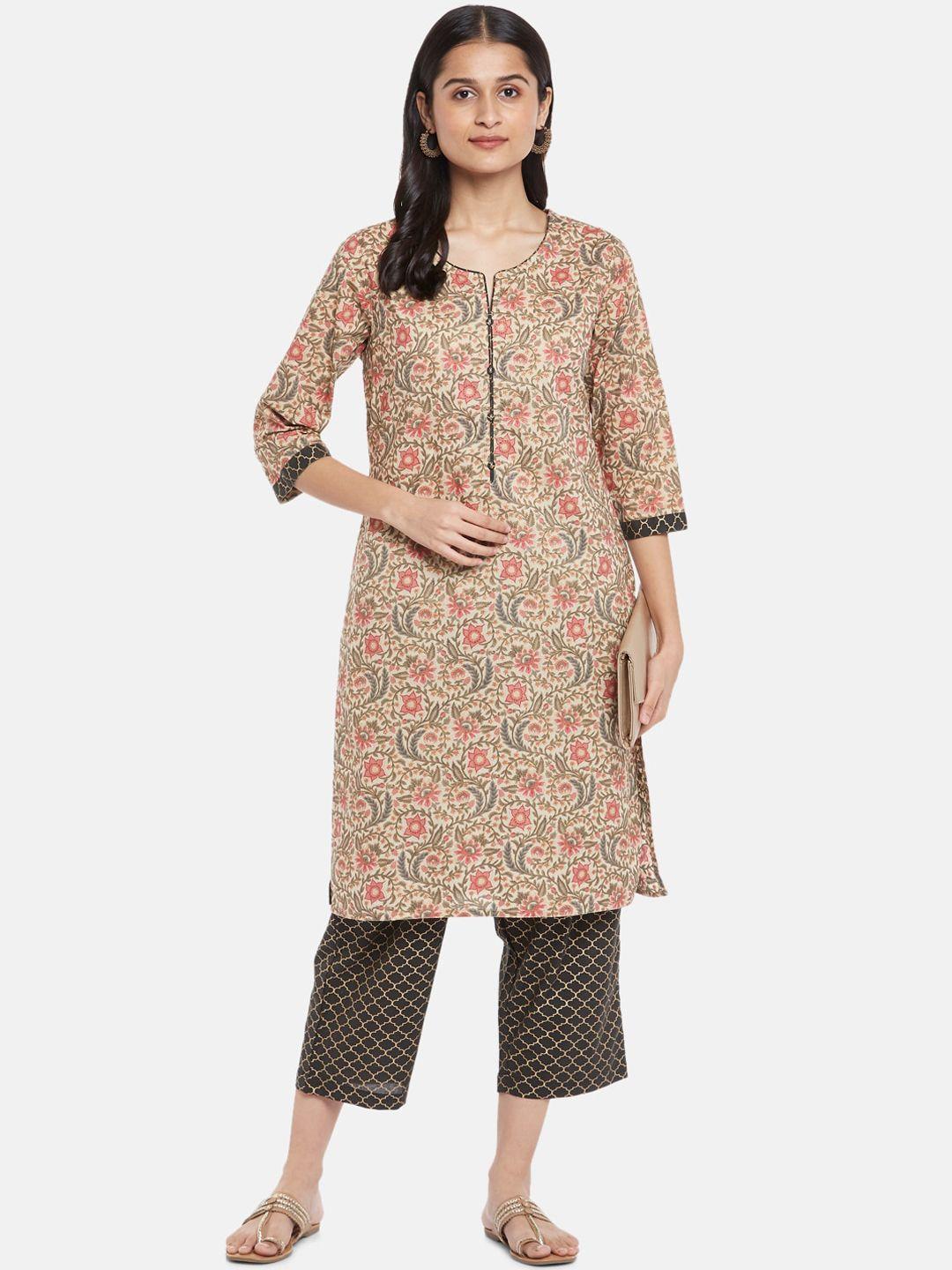 rangmanch by pantaloons women beige floral printed pure cotton kurti with trousers