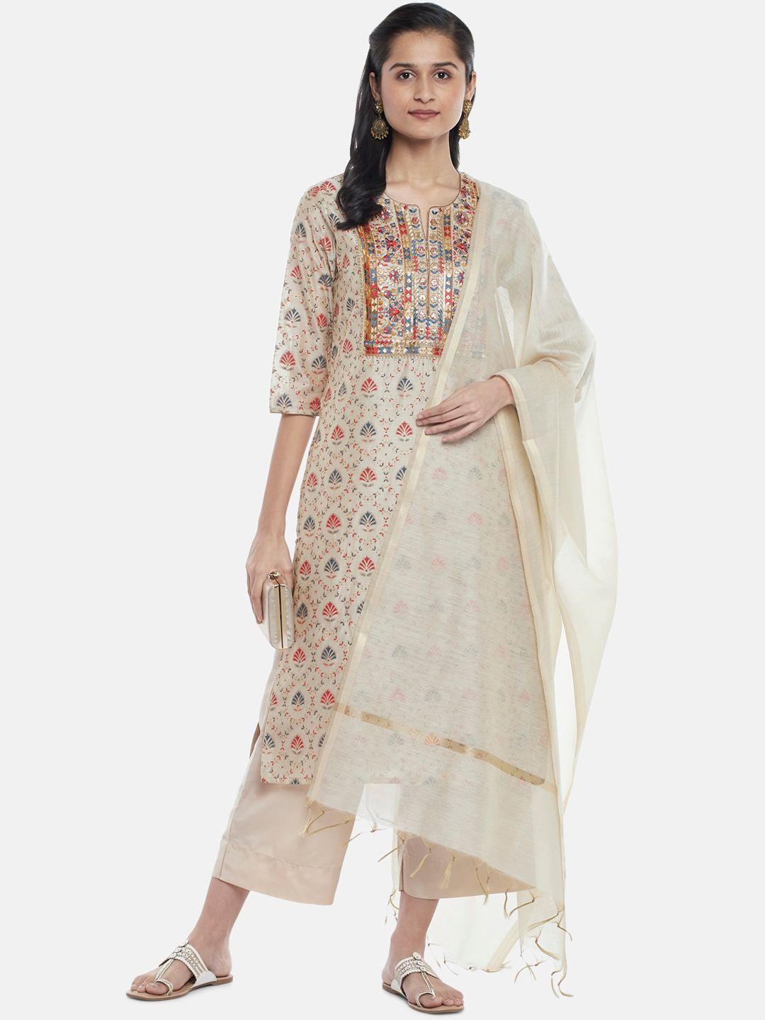 rangmanch by pantaloons women beige floral printed thread work chanderi cotton kurta set
