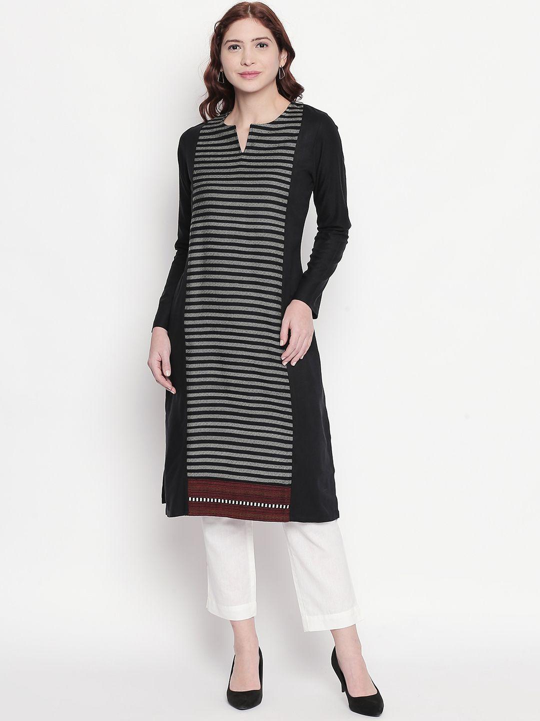 rangmanch by pantaloons women black & grey striped straight kurta