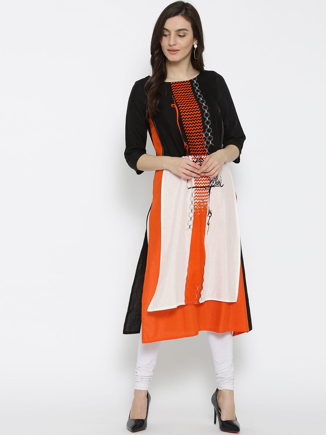 rangmanch by pantaloons women black & orange printed layered straight kurta