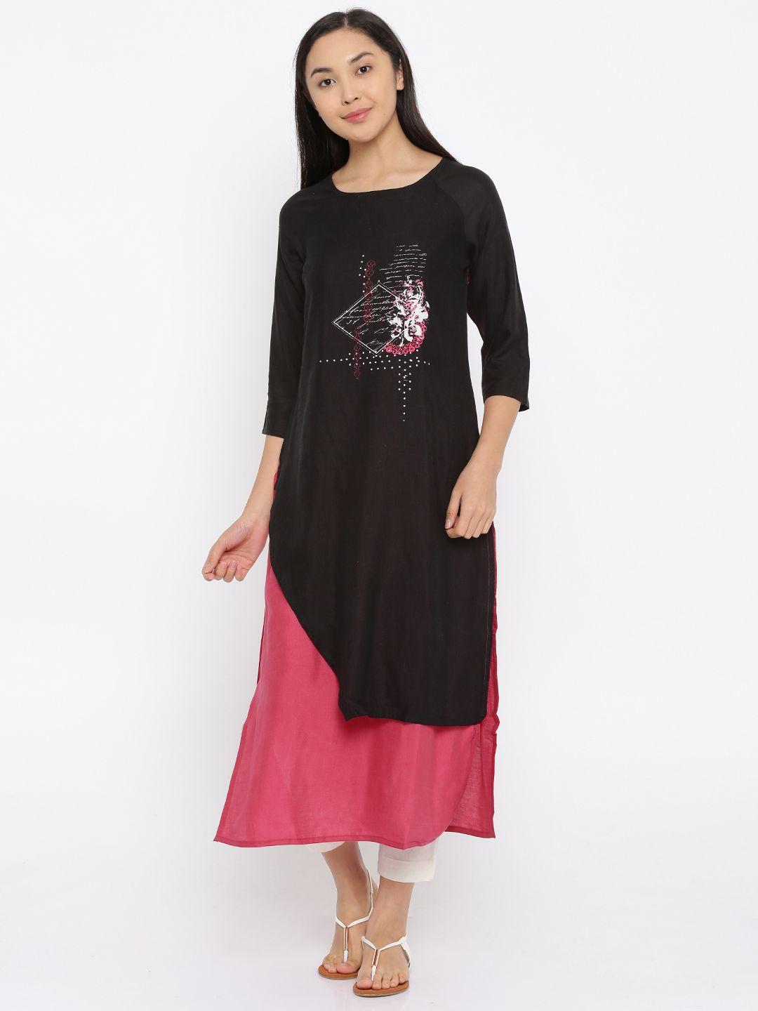 rangmanch by pantaloons women black & pink printed a-line kurta