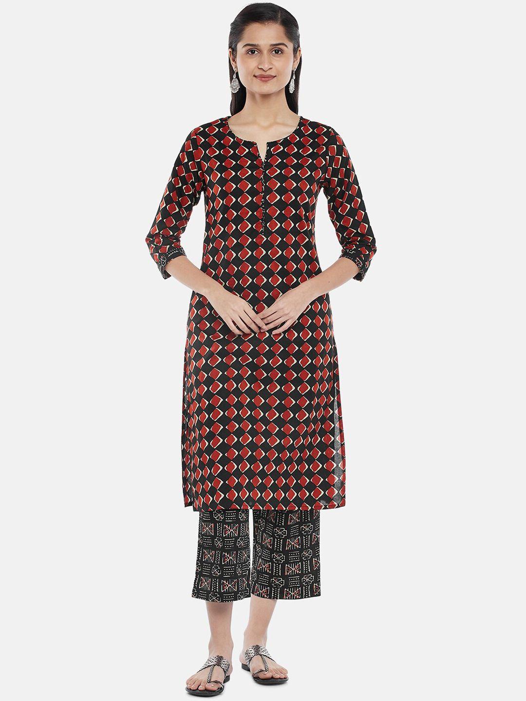 rangmanch by pantaloons women black & red printed pure cotton kurta with trousers