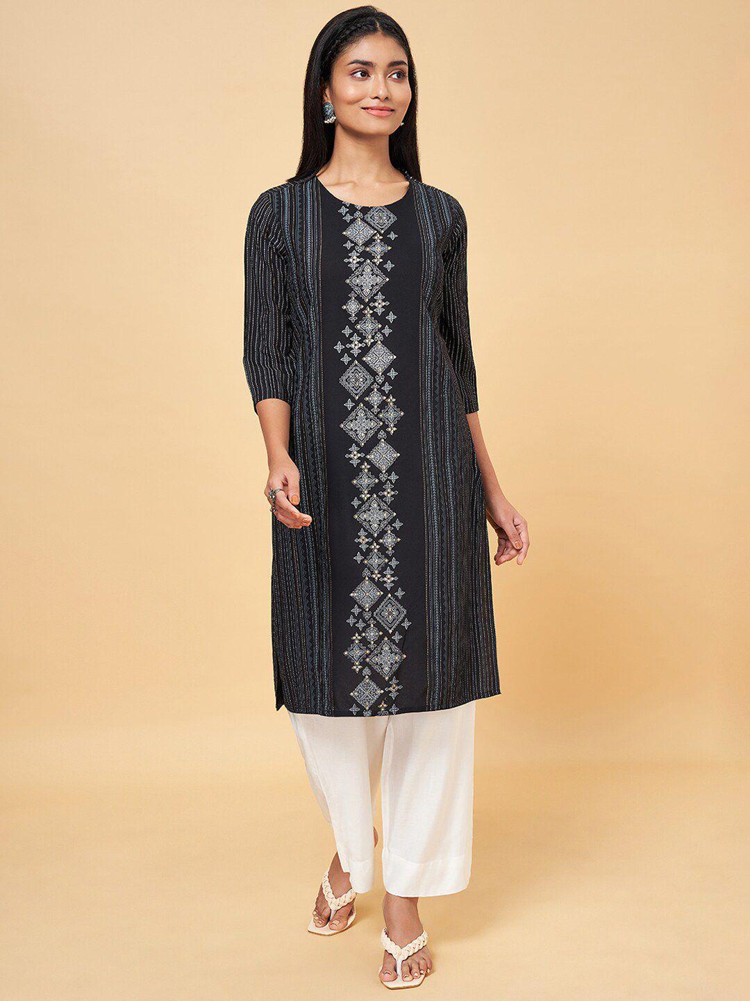 rangmanch by pantaloons women black ethnic motifs embroidered thread work kurta