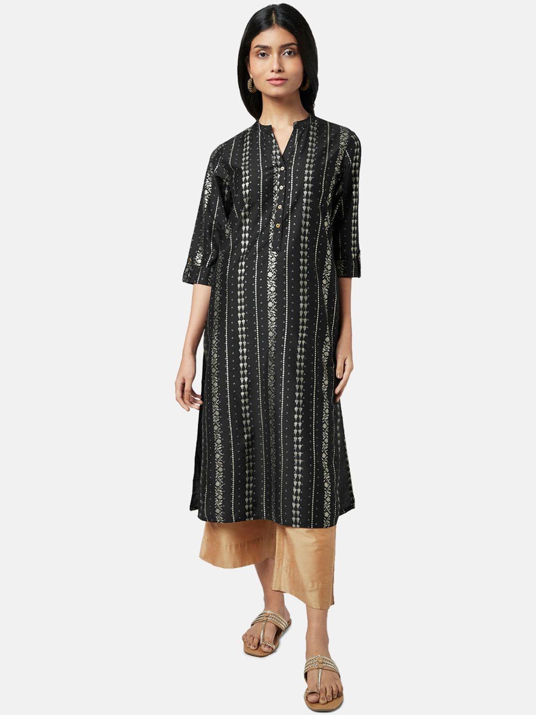 rangmanch by pantaloons women black geometric striped kurta