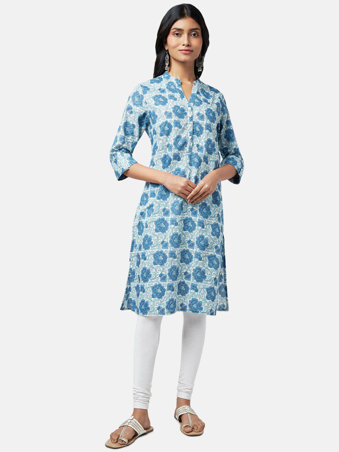 rangmanch by pantaloons women blue & white floral printed cotton kurta