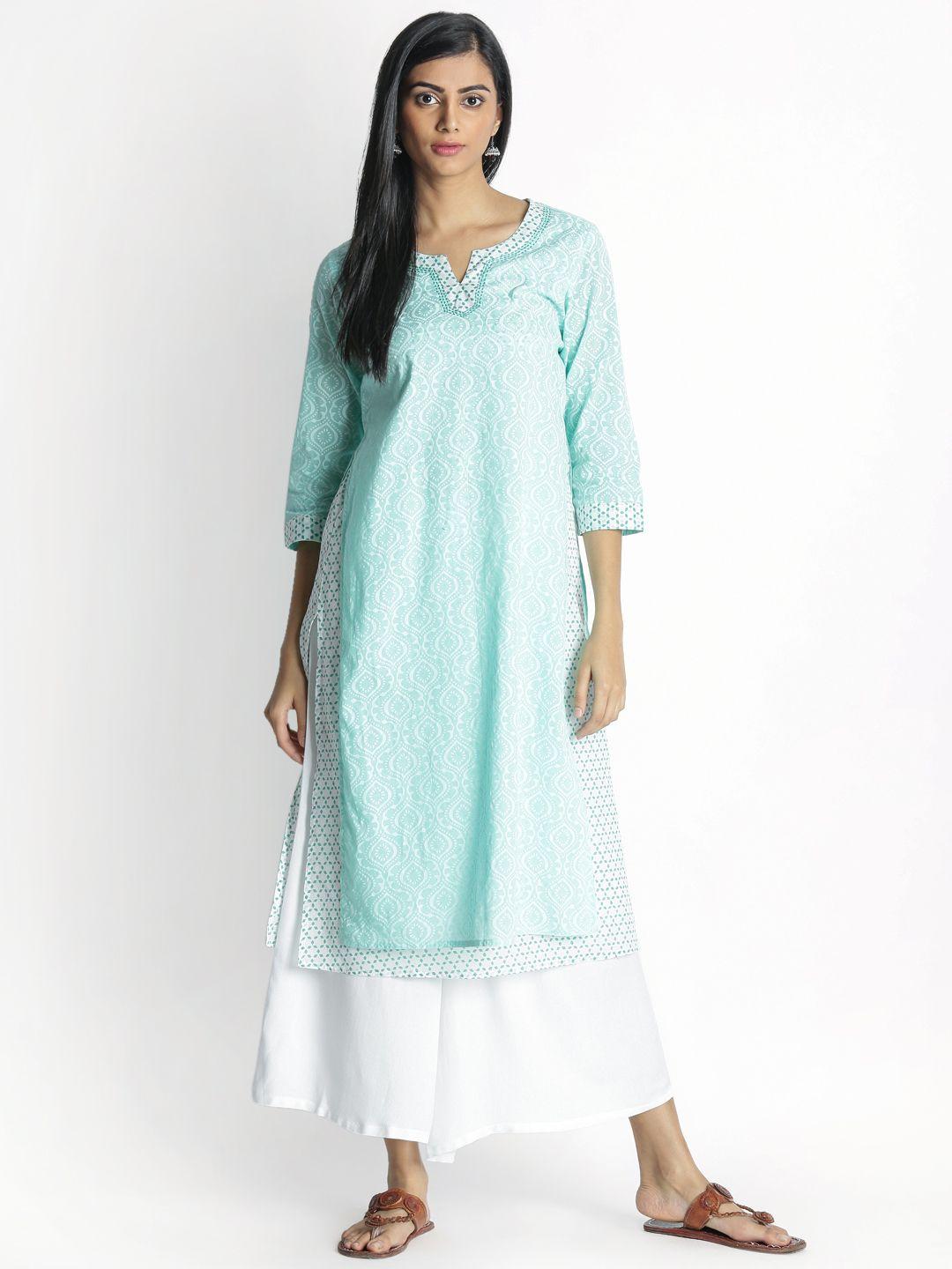 rangmanch by pantaloons women blue & white printed layered kurta