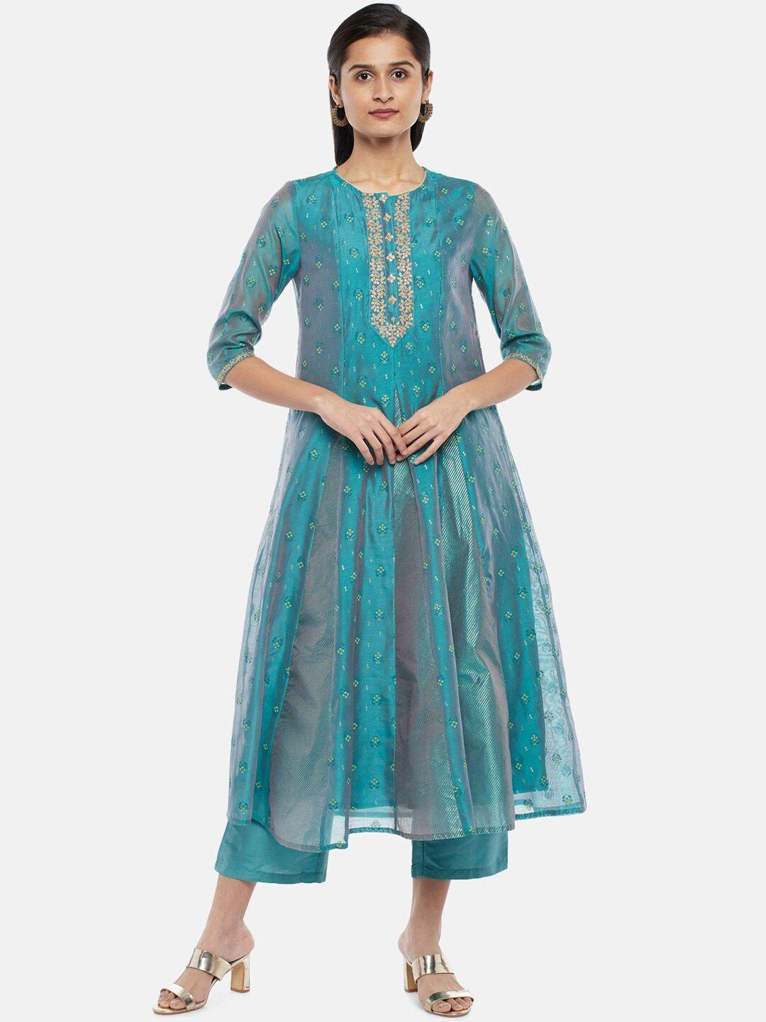 rangmanch by pantaloons women blue ethnic motifs embroidered chanderi cotton kurta set