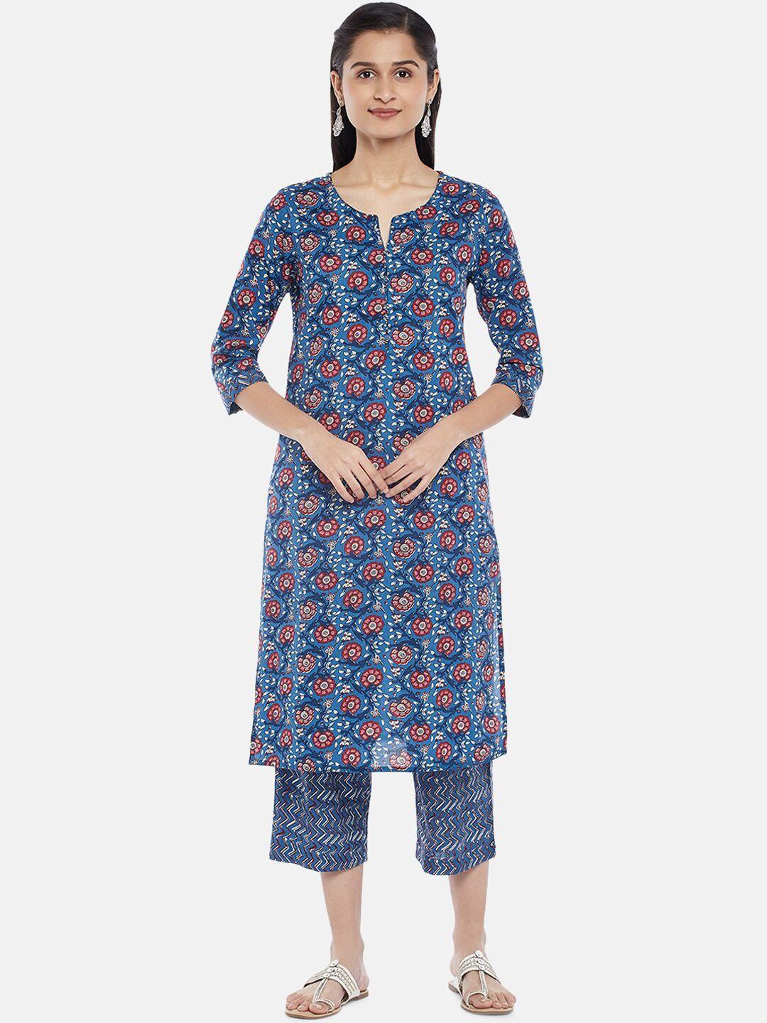 rangmanch by pantaloons women blue printed high slit pure cotton kurti with trousers