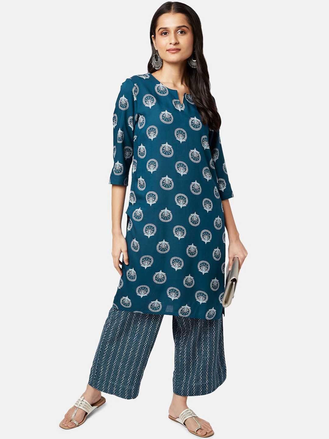 rangmanch by pantaloons women blue printed kurta with trousers