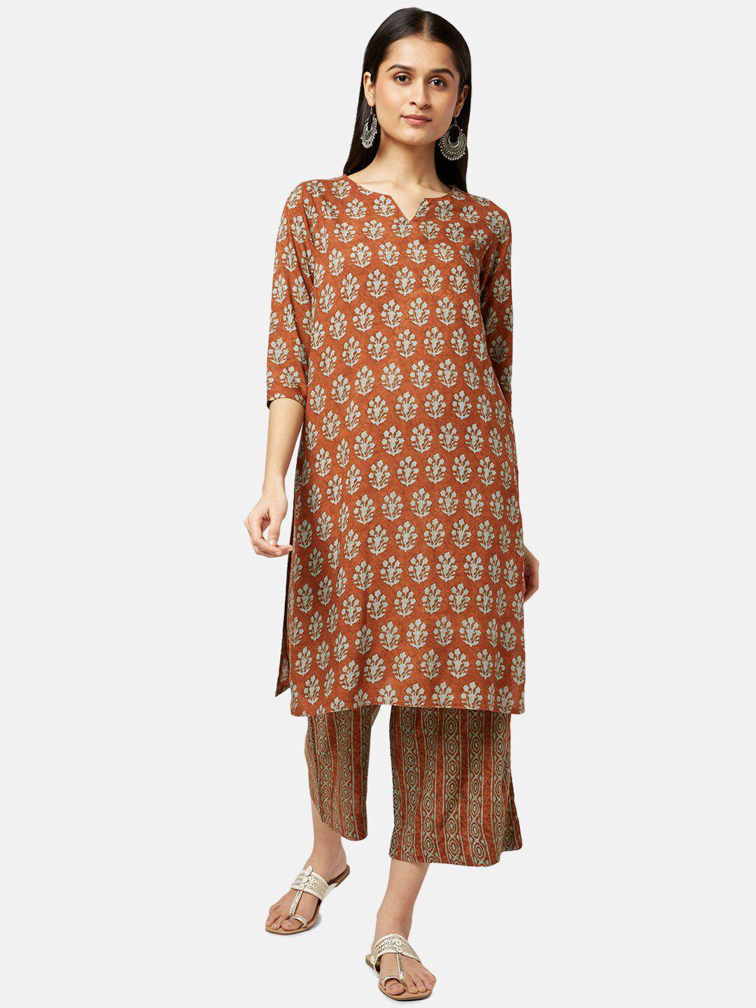 rangmanch by pantaloons women brown floral printed kurta with palazzos
