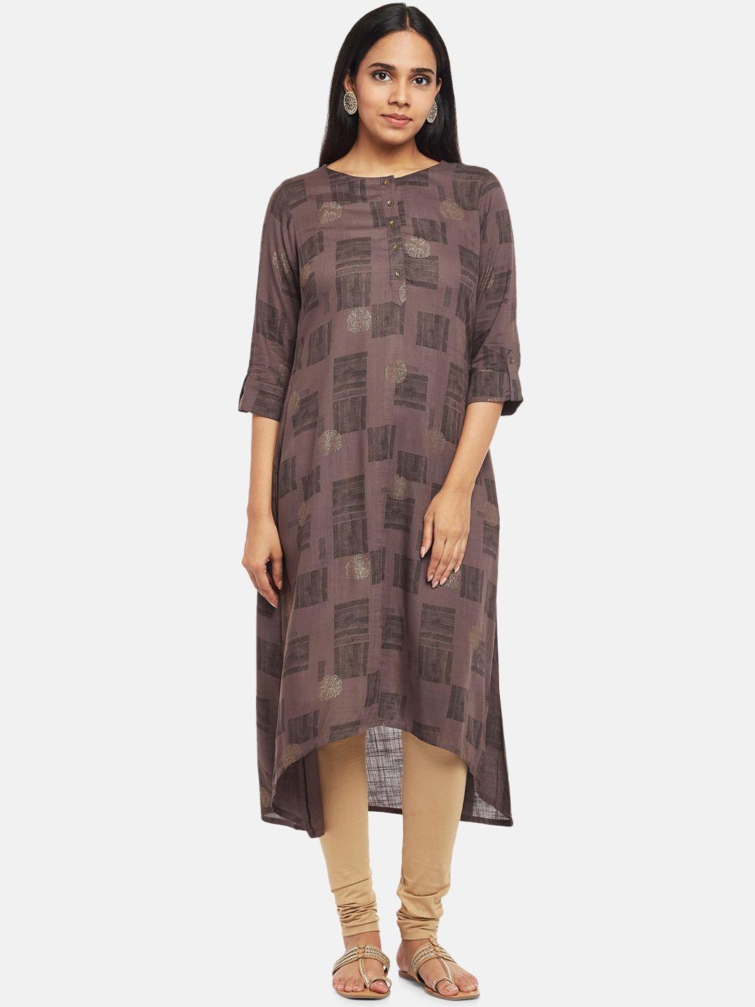 rangmanch by pantaloons women charcoal & brown geometric printed a-line kurta