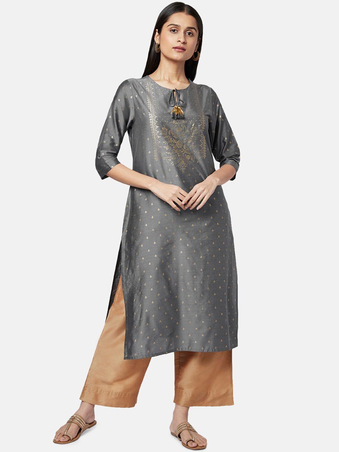 rangmanch by pantaloons women charcoal ethnic motifs printed keyhole neck straight kurta