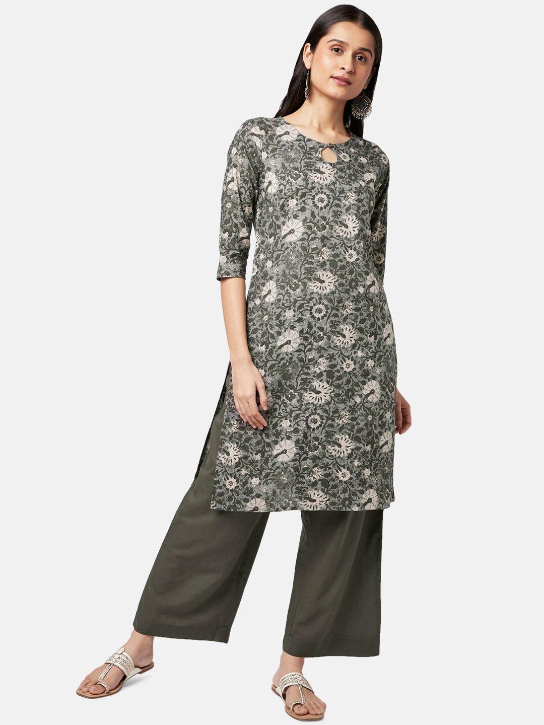 rangmanch by pantaloons women charcoal floral printed pure cotton kurta with trousers