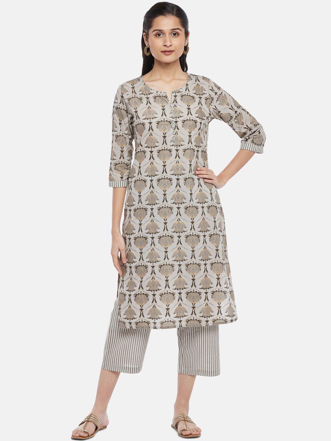 rangmanch by pantaloons women charcoal printed pure cotton kurti with trousers