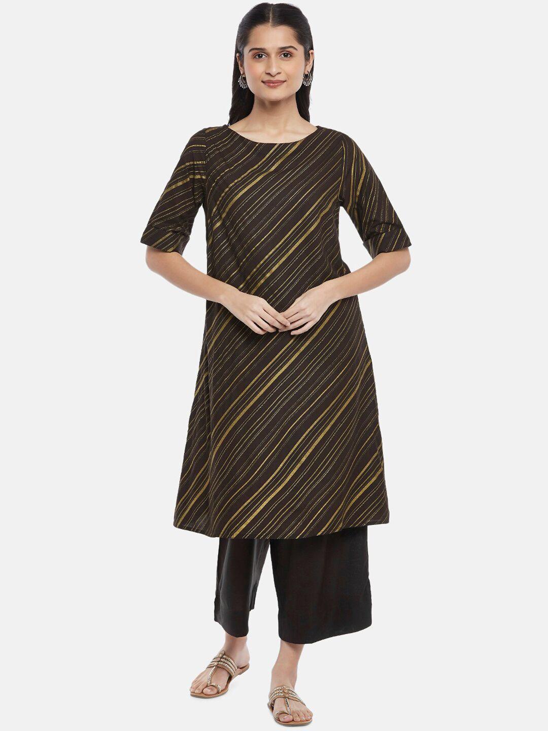 rangmanch by pantaloons women charcoal striped pure cotton kurta with palazzos