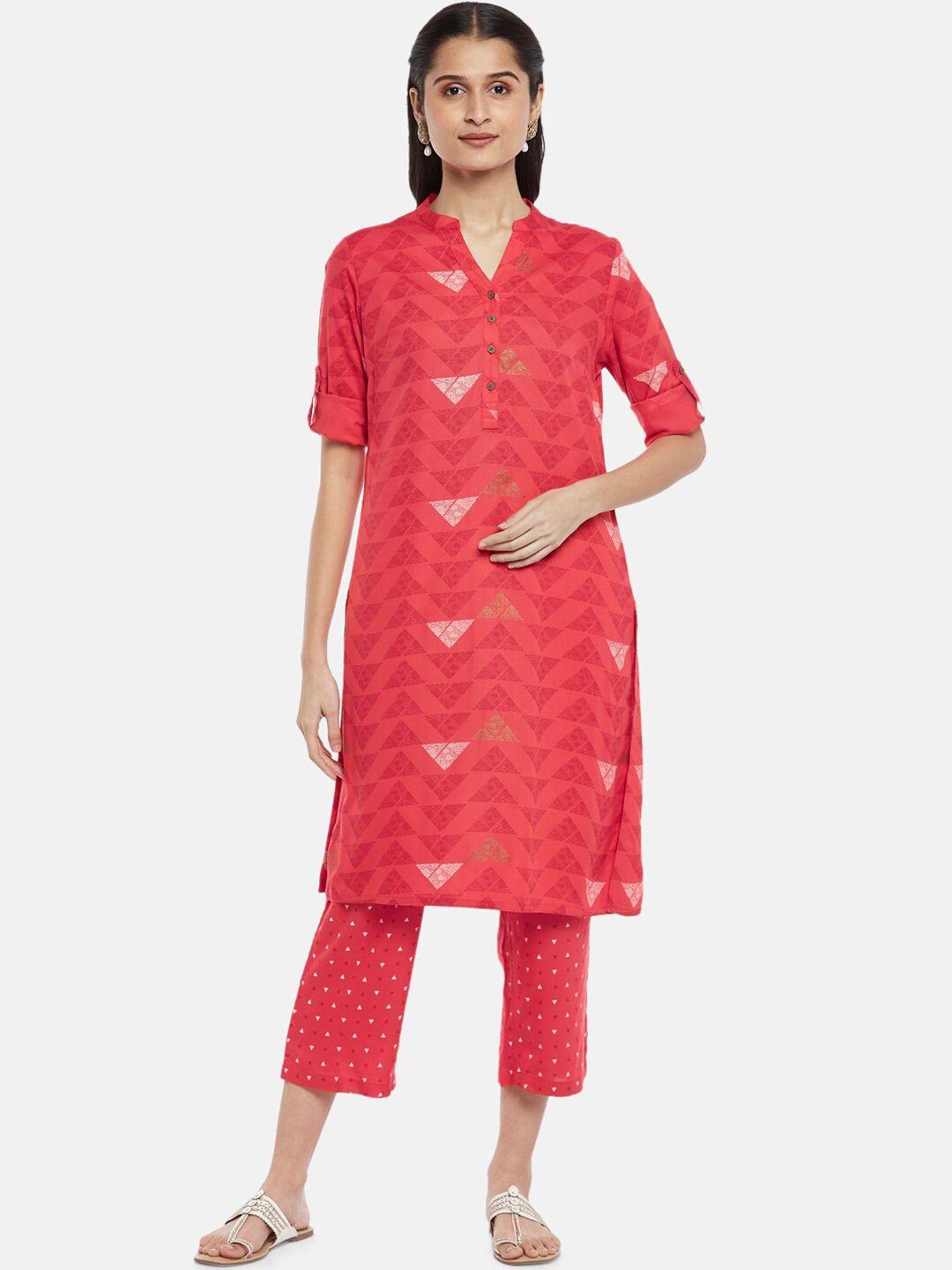 rangmanch by pantaloons women coral printed kurta with trousers