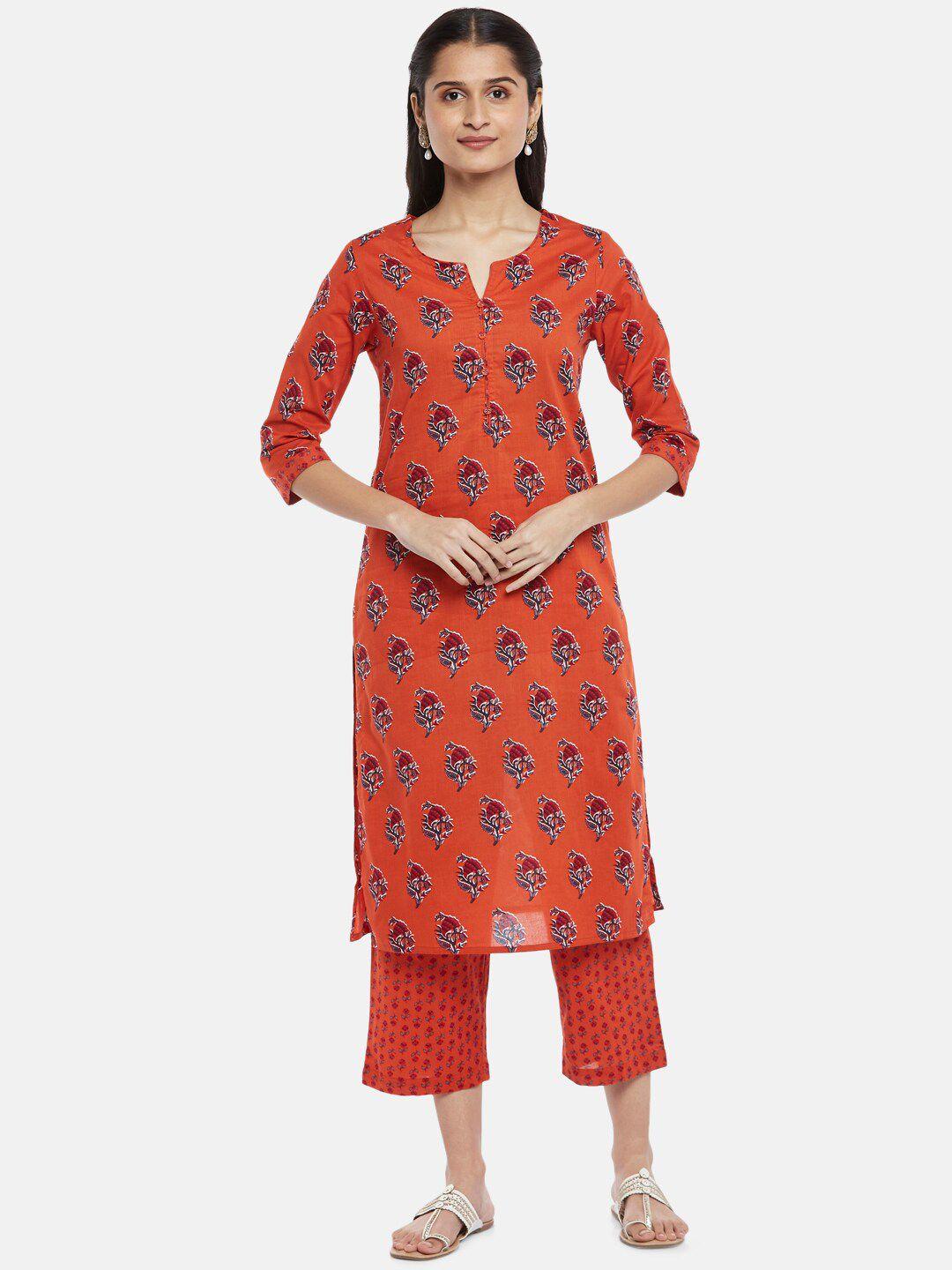 rangmanch by pantaloons women coral printed pure cotton kurta with trousers