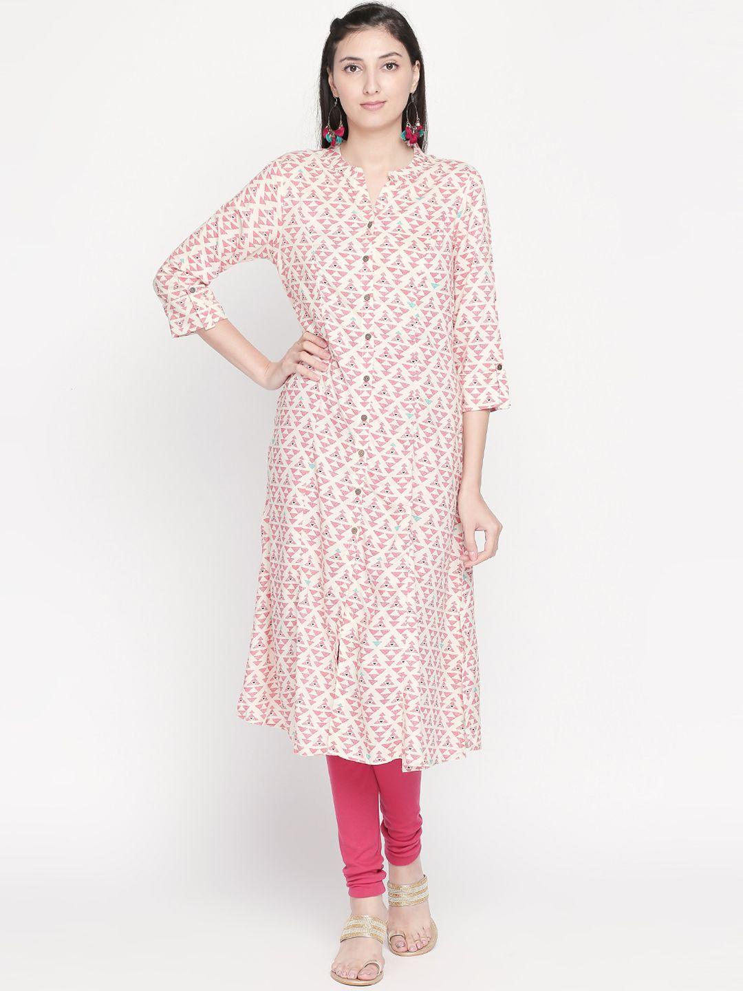 rangmanch by pantaloons women cream-coloured & pink printed a-line kurta