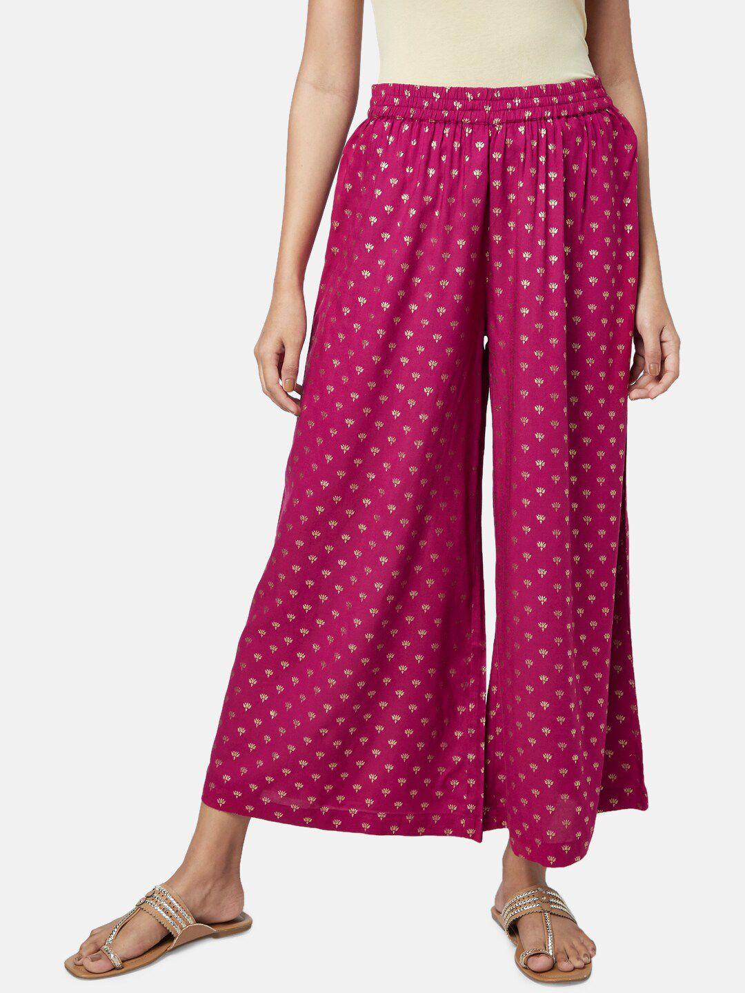 rangmanch by pantaloons women fuchsia & gold-toned ethnic motifs palazzos