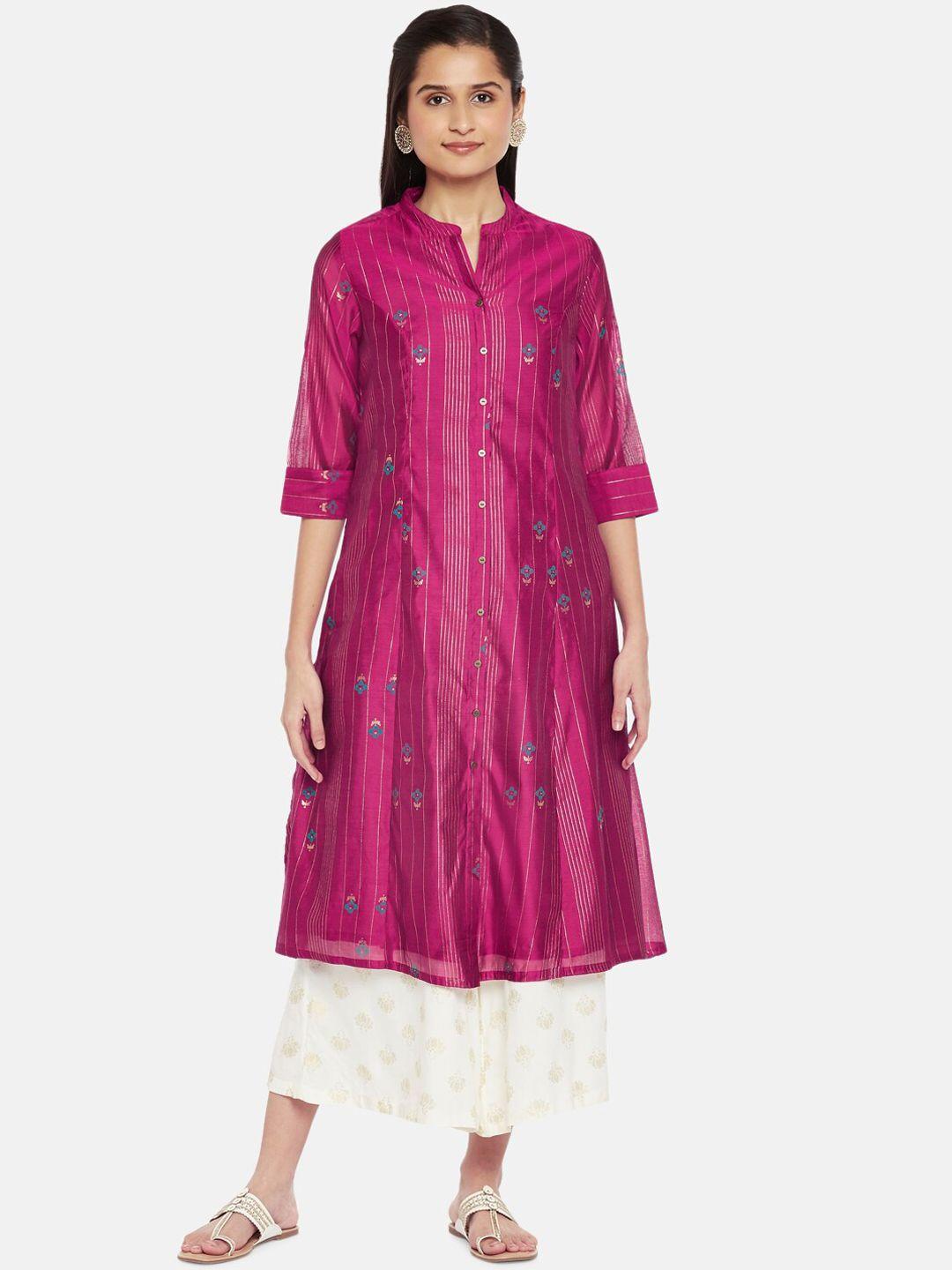 rangmanch by pantaloons women fuchsia ethnic motifs striped thread work kurta