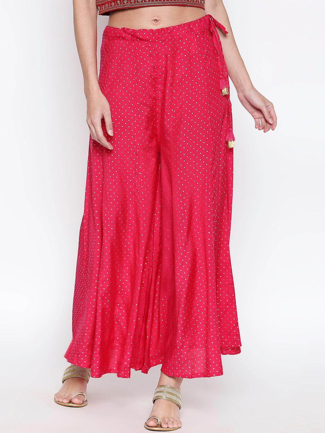 rangmanch by pantaloons women fuchsia pink & gold-toned printed flared palazzos