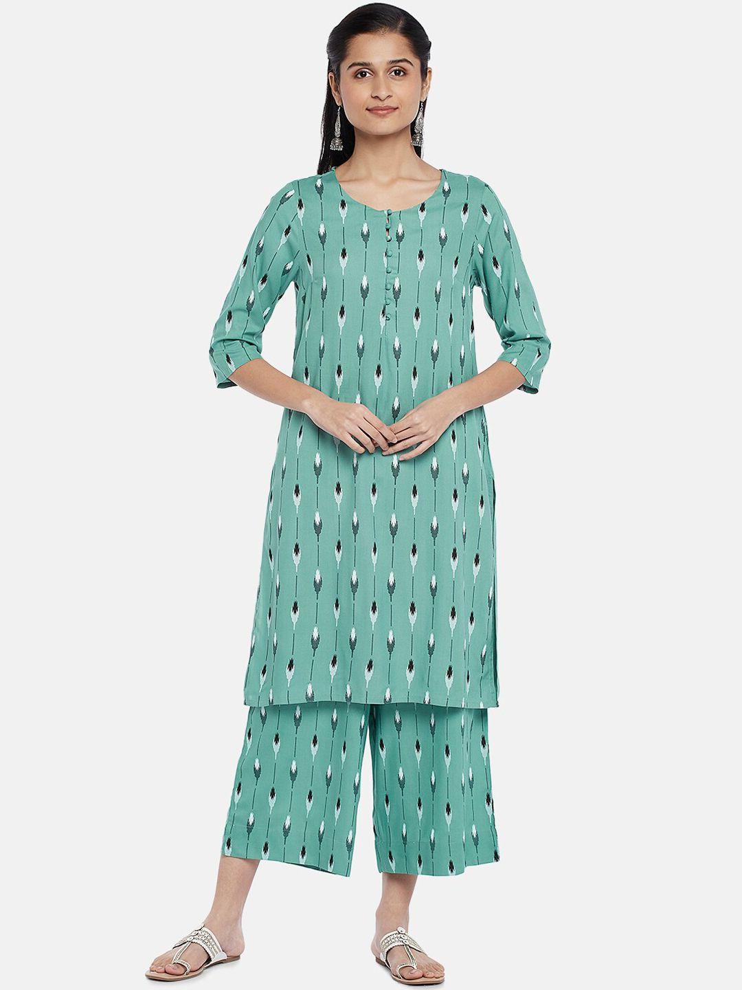 rangmanch by pantaloons women green & white printed kurta with palazzos