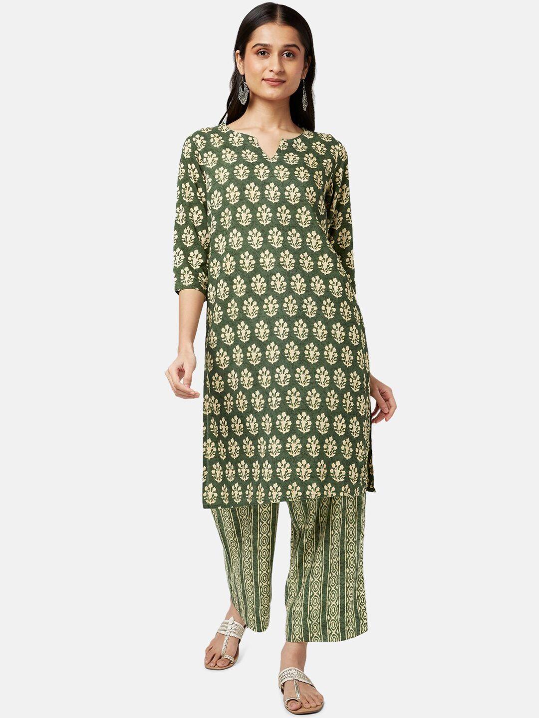 rangmanch by pantaloons women green floral printed kurta with trousers