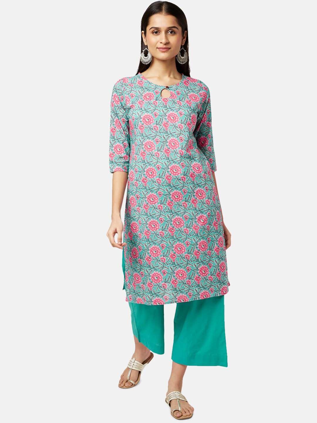 rangmanch by pantaloons women green floral printed pure cotton kurta with palazzos