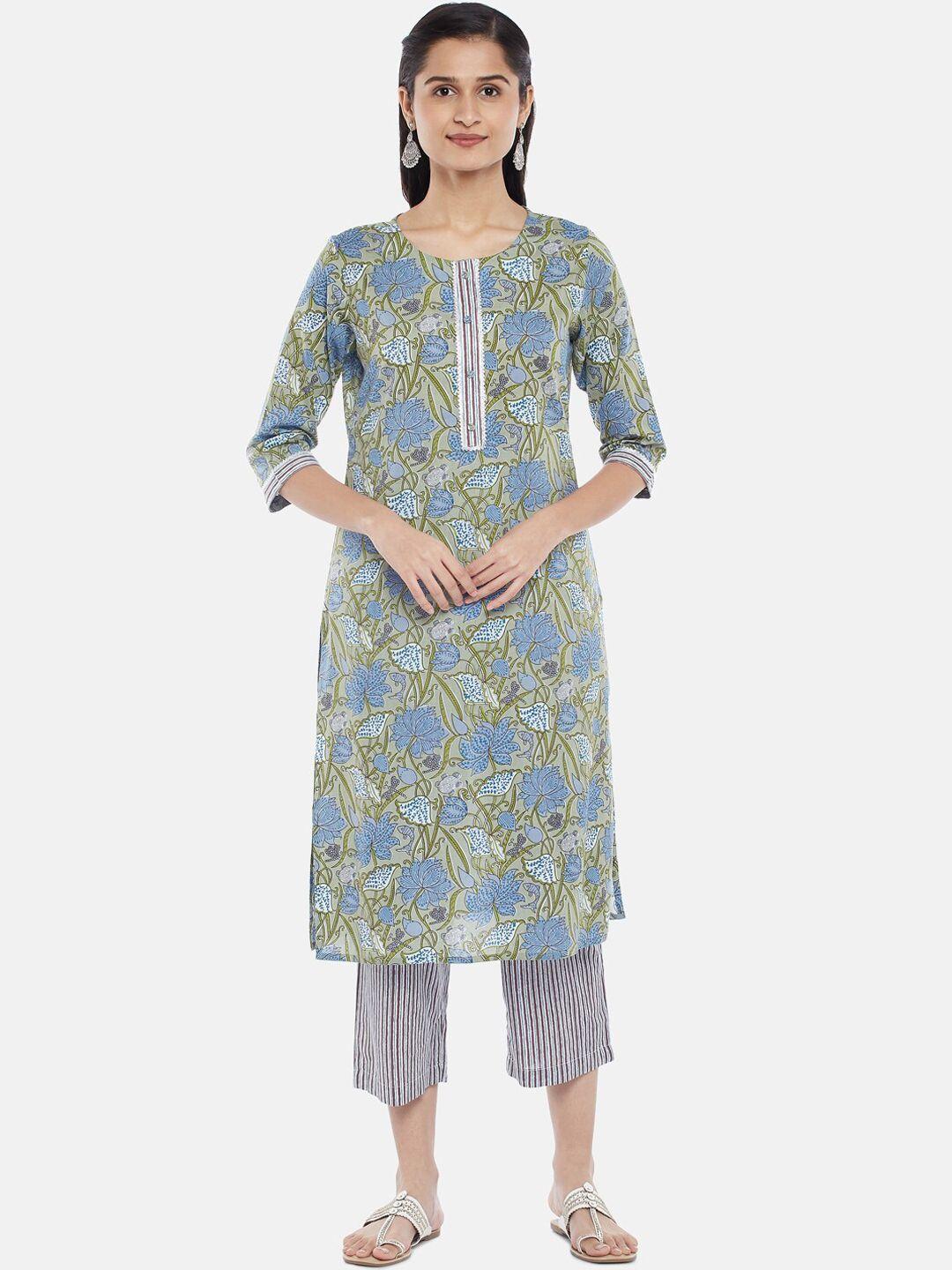 rangmanch by pantaloons women green floral printed pure cotton kurta with trousers & with dupatta