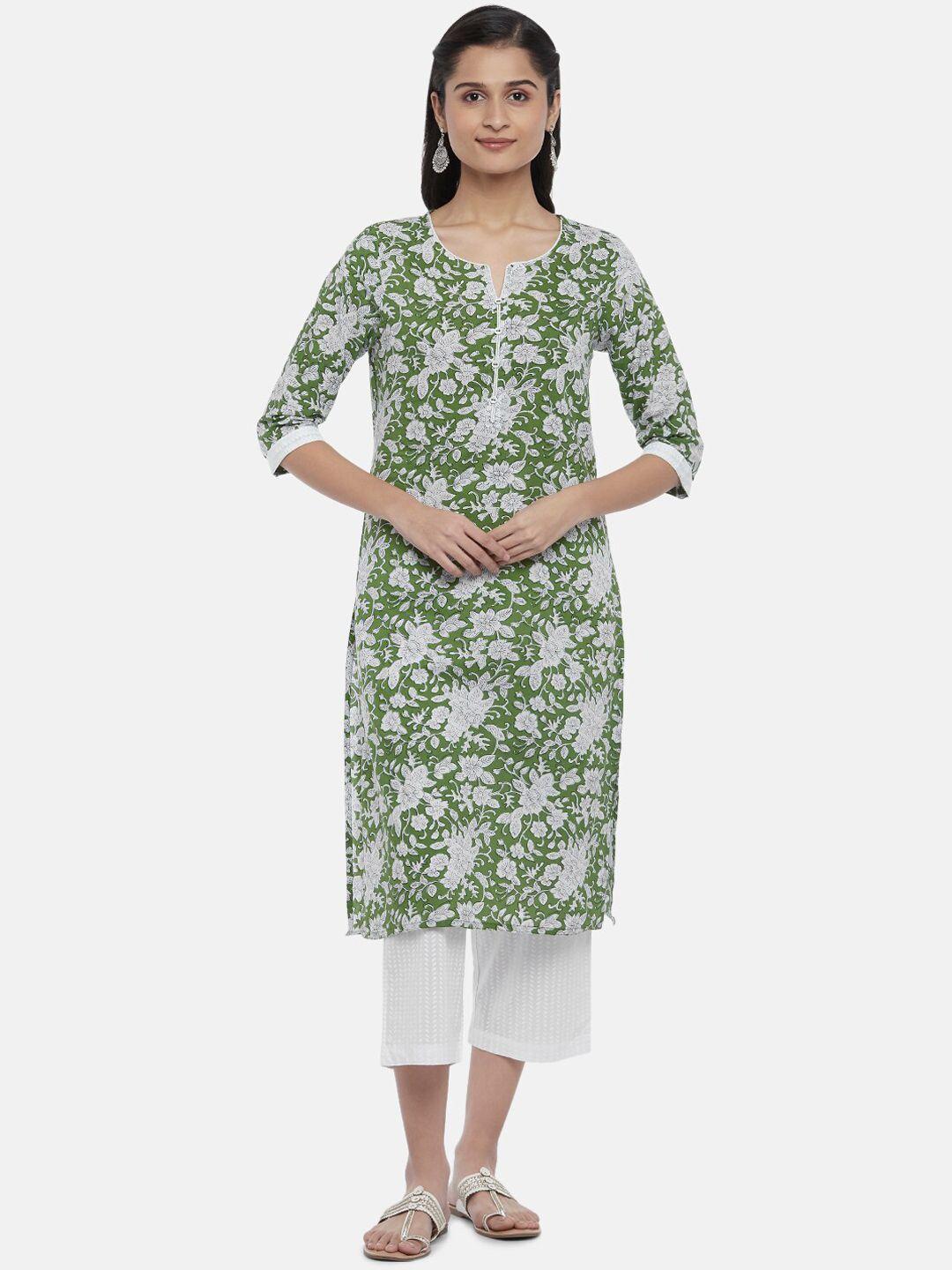 rangmanch by pantaloons women green floral printed pure cotton kurta with trousers