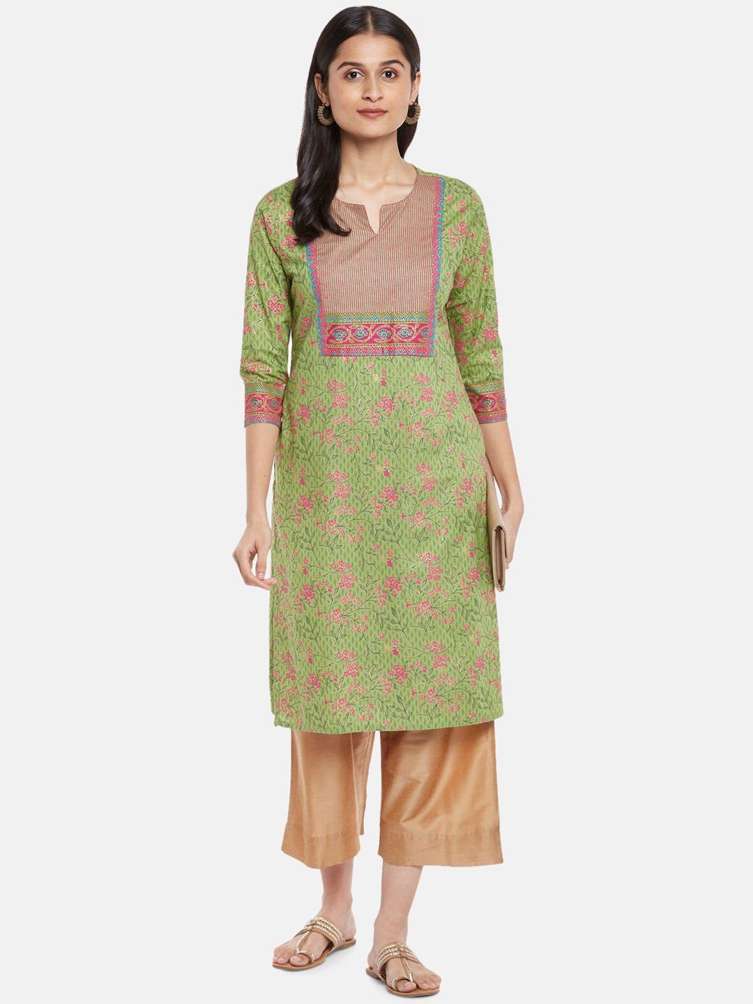 rangmanch by pantaloons women green floral yoke design keyhole neck kurta