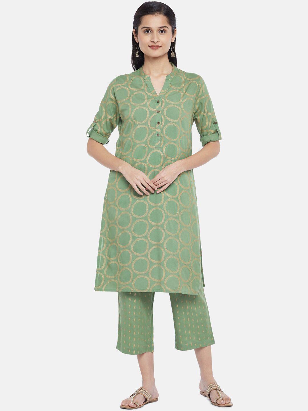 rangmanch by pantaloons women green printed kurta with trousers