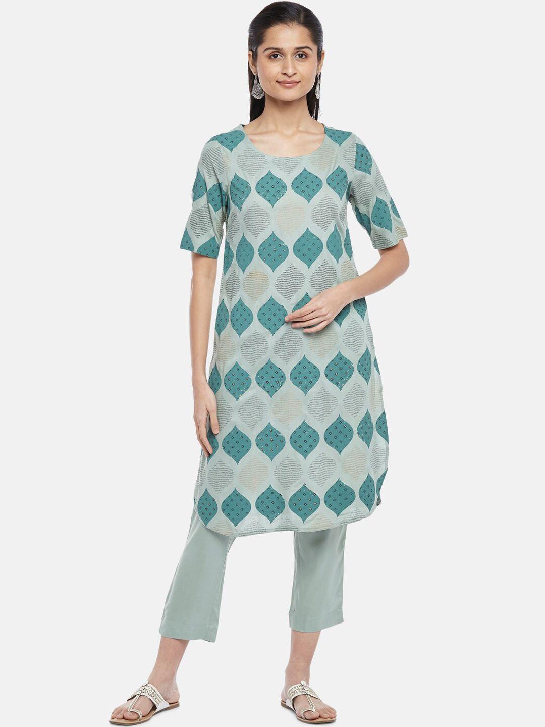 rangmanch by pantaloons women green printed kurti with trousers