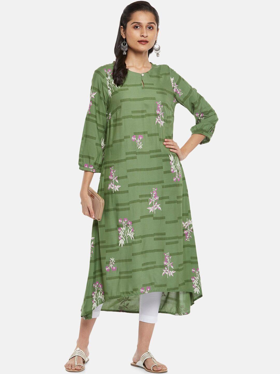 rangmanch by pantaloons women green striped keyhole neck flared sleeves kurta