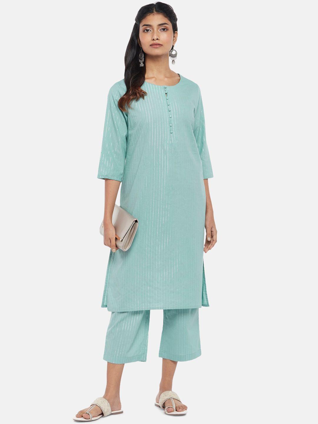rangmanch by pantaloons women green striped pure cotton kurta with palazzos