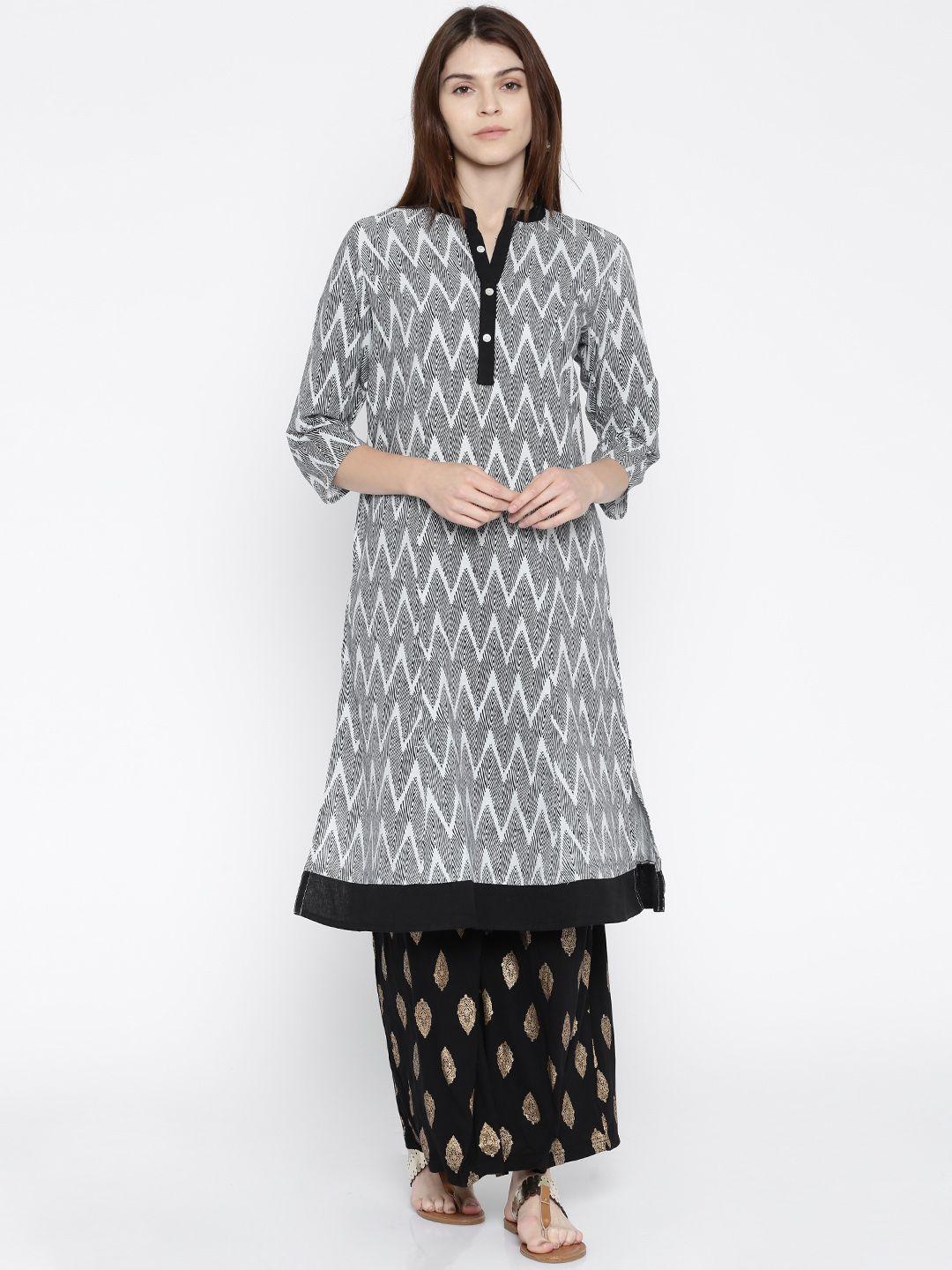 rangmanch by pantaloons women grey & black printed straight kurta