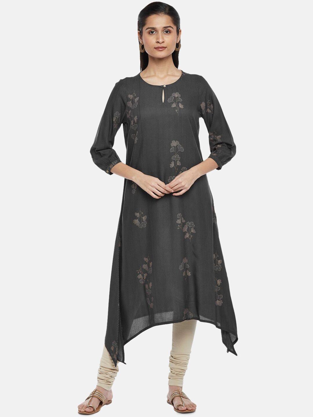 rangmanch by pantaloons women grey floral embroidered keyhole neck kurta