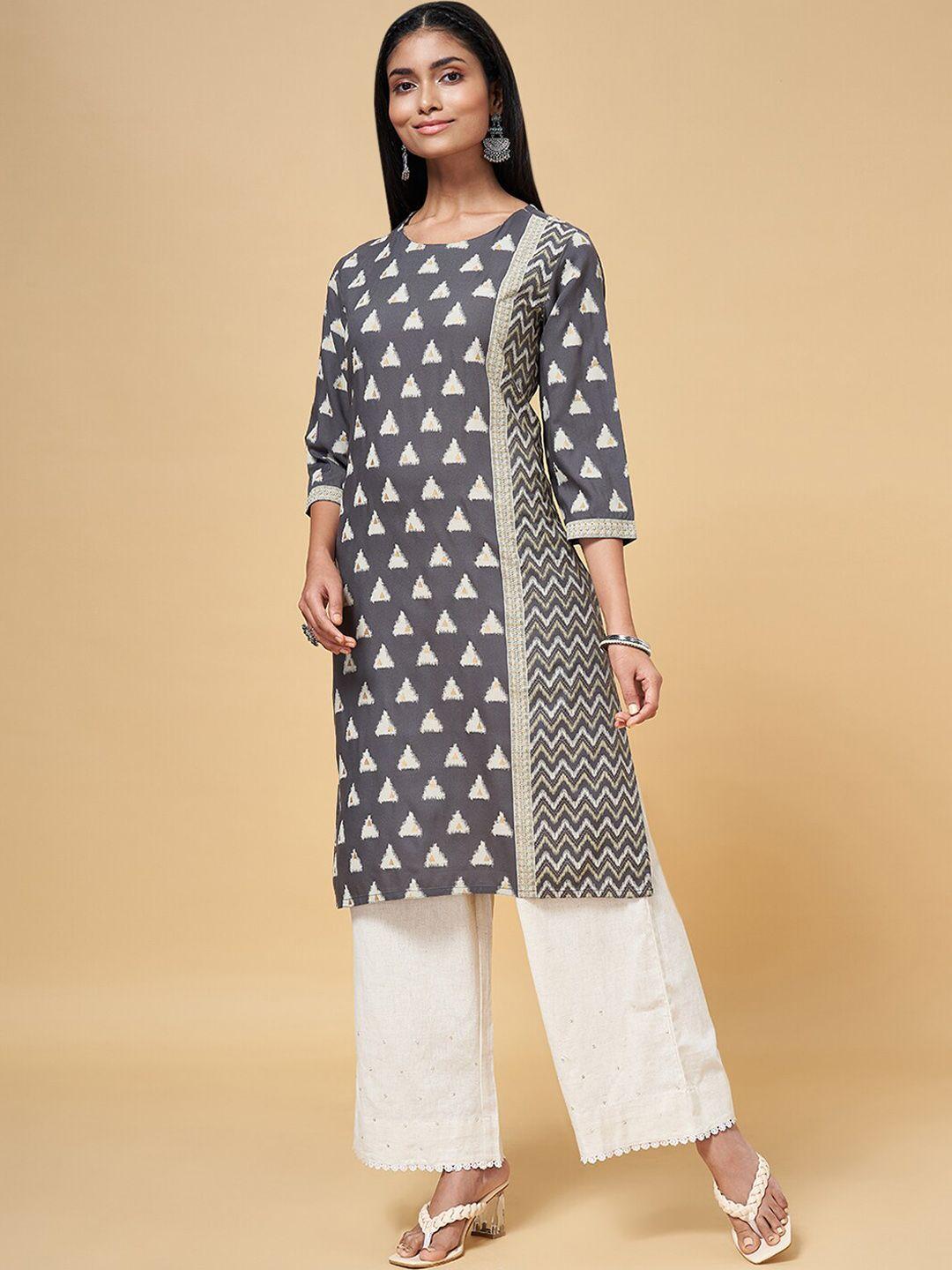 rangmanch by pantaloons women grey geometric printed cold-shoulder sleeves kurta