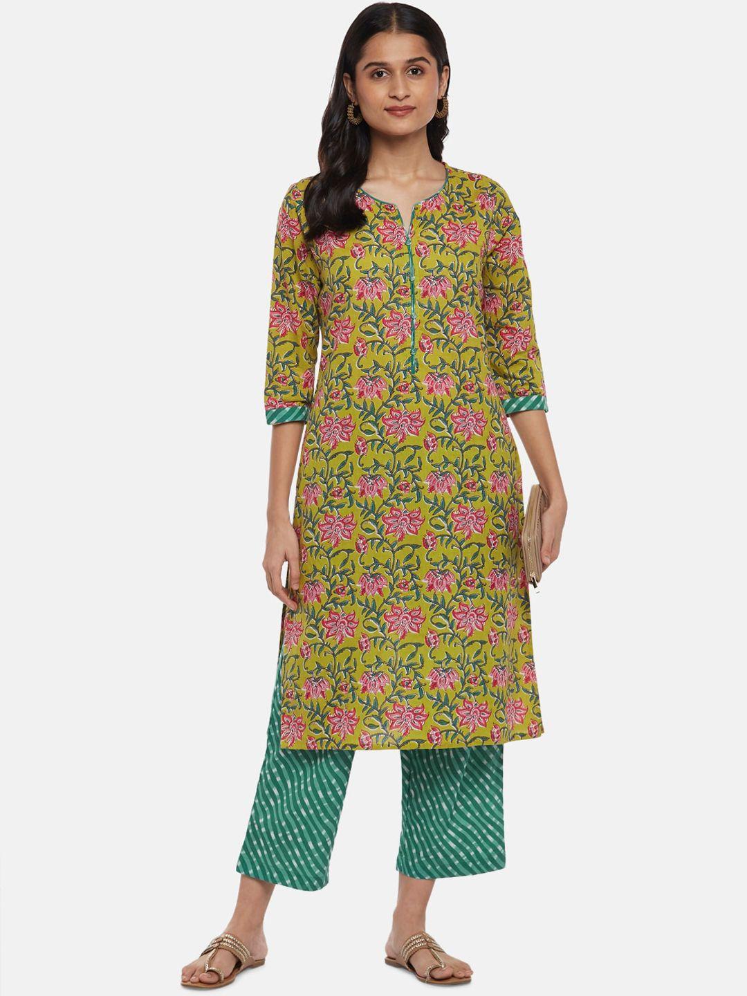 rangmanch by pantaloons women lime green paisley printed pure cotton kurti with trousers