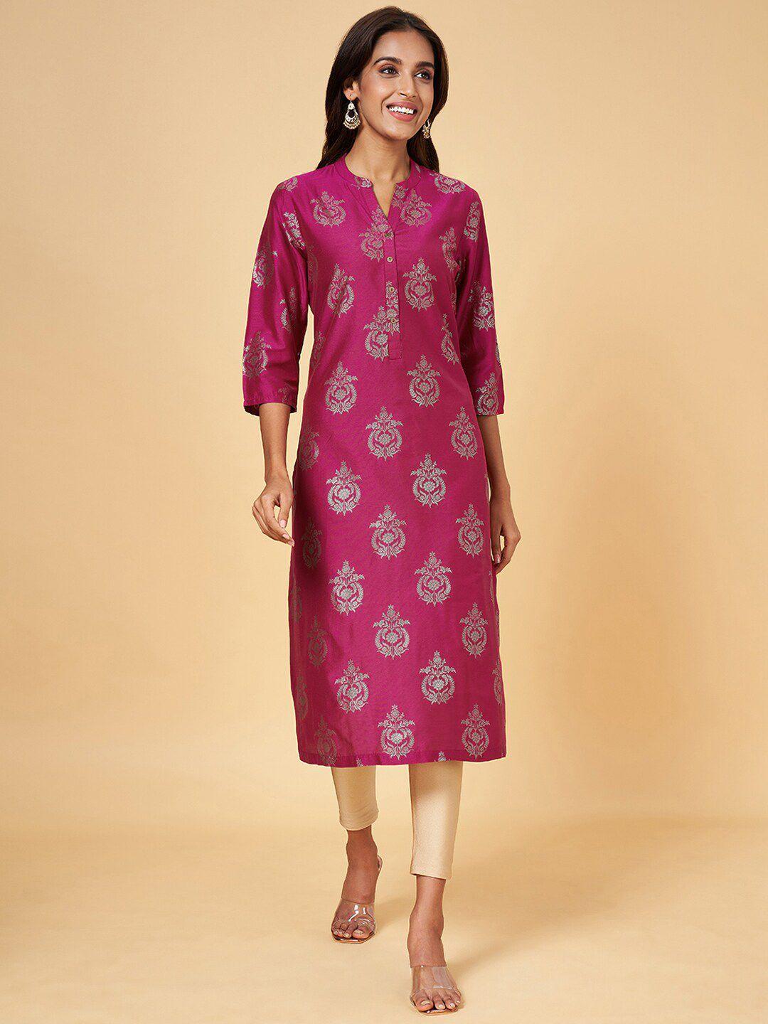 rangmanch by pantaloons women magenta ethnic motifs printed keyhole neck sequinned kurta