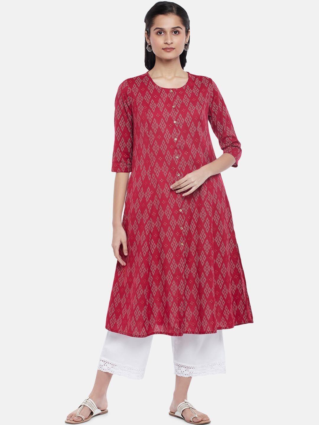 rangmanch by pantaloons women maroon & white geometric printed cotton a-line kurta