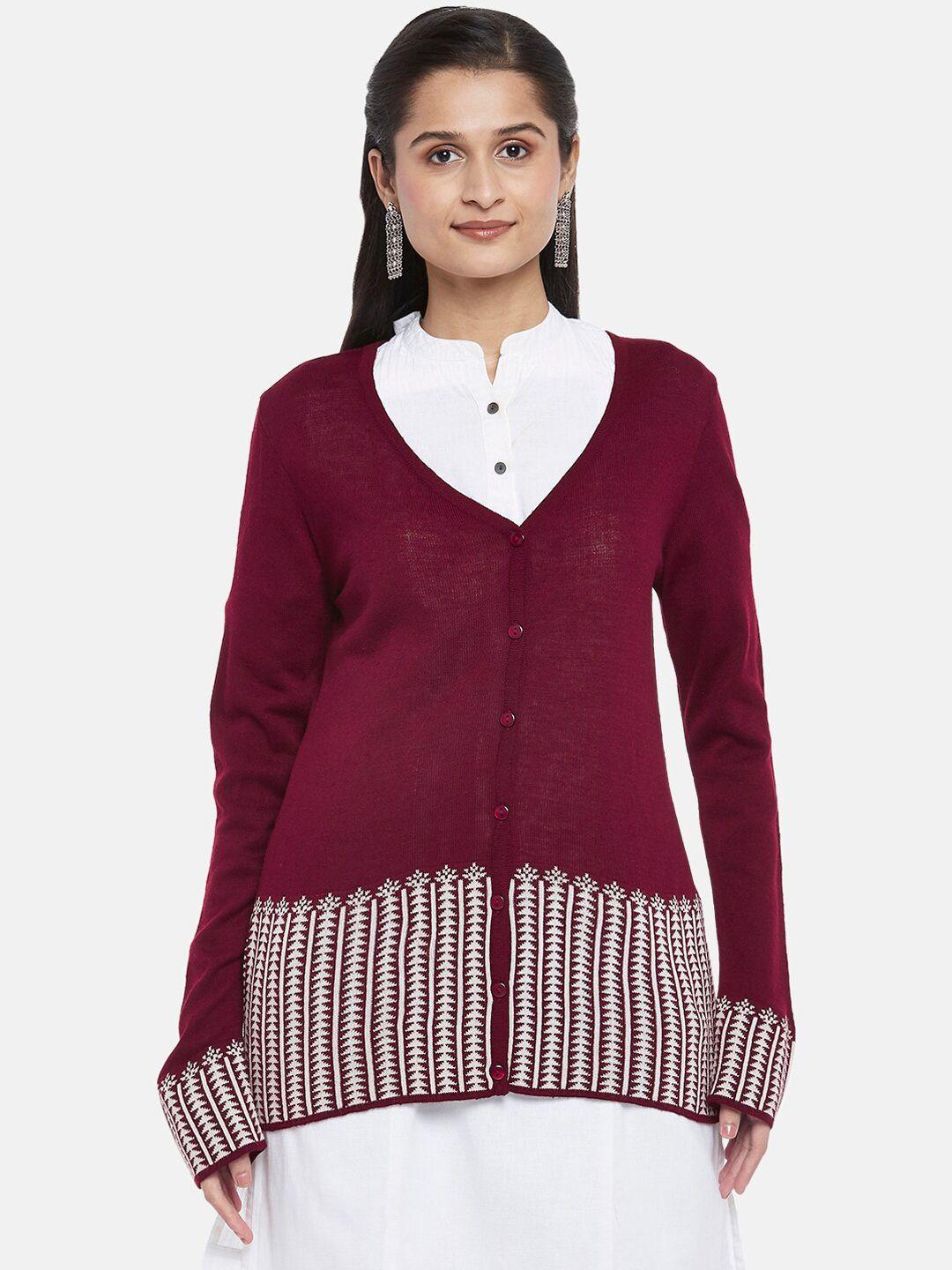 rangmanch by pantaloons women maroon & white solid overcoat